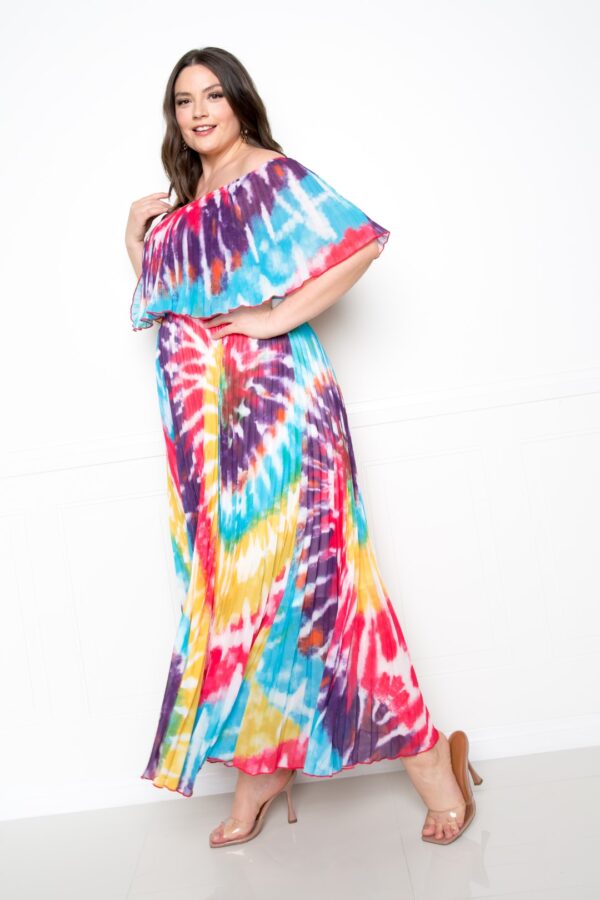 Tie Dye Off-Shoulder Pleated Maxi Dress – Plus Size