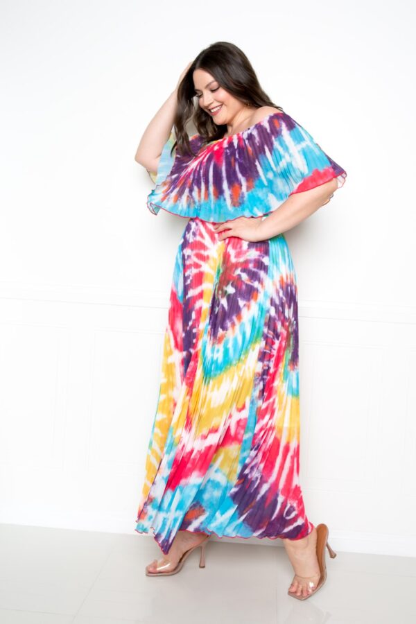 Tie Dye Off-Shoulder Pleated Maxi Dress – Plus Size