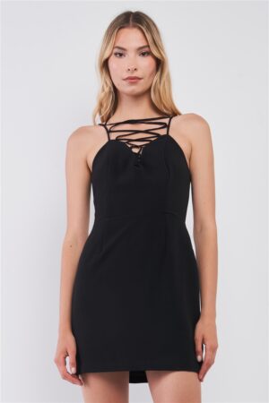 Black Corset-Inspired Slim Fit V-Neck Mini Dress