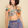 Self-Tie Teal/Orange Crop Halter Top – Made in USA