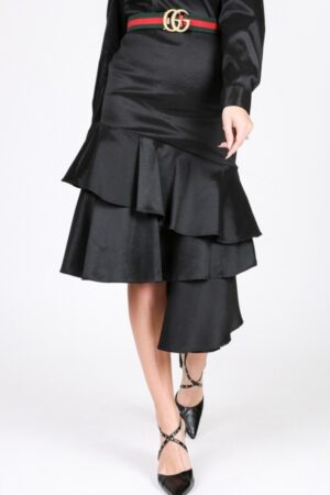 Asymmetrical Ruffle Hem Satin Skirt – Black
