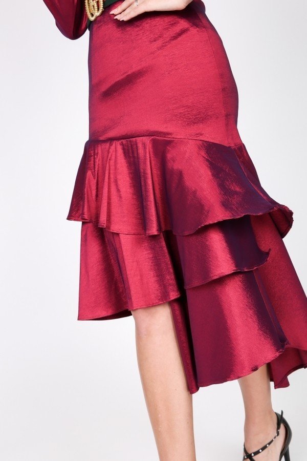 Satin Skirt with Asymmetrical Ruffle – Deep Plum