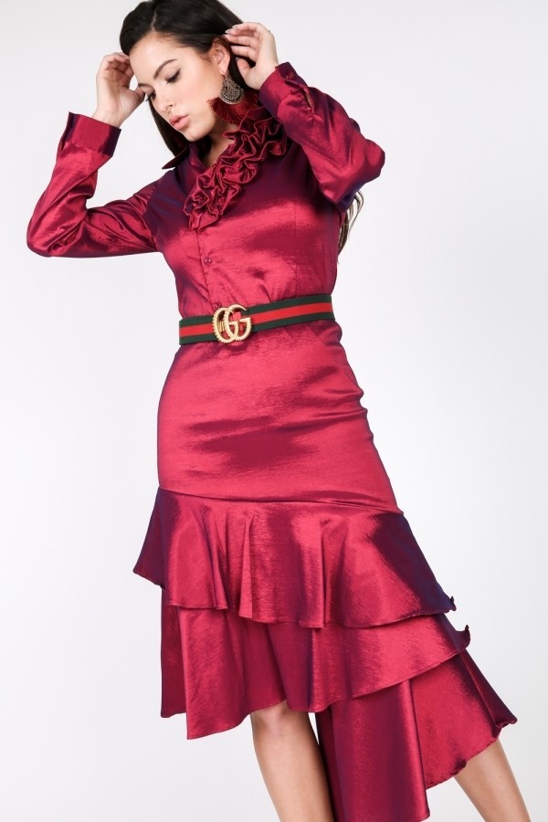 Satin Skirt with Asymmetrical Ruffle – Deep Plum