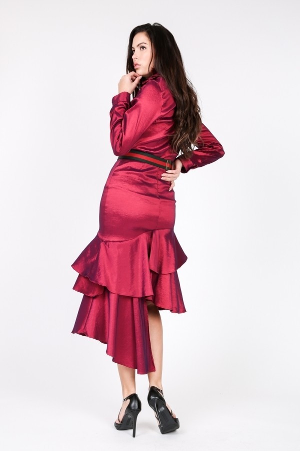 Satin Skirt with Asymmetrical Ruffle – Deep Plum