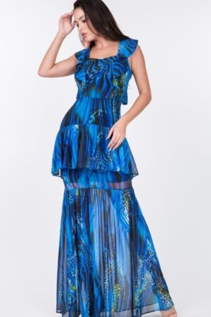 Ruffle Sleeve Tiered Maxi Dress – Blue Multi Print