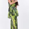 Ruffle-Sleeve Tiered Long Dress in Lime Multi