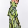 Ruffle-Sleeve Tiered Long Dress in Lime Multi