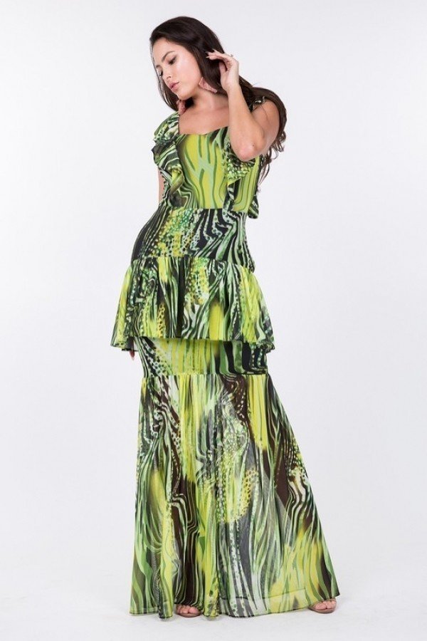 Ruffle-Sleeve Tiered Long Dress in Lime Multi