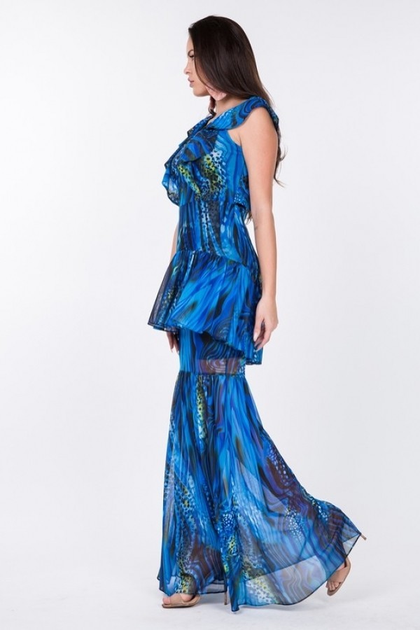 Ruffle Sleeve Tiered Maxi Dress – Blue Multi Print