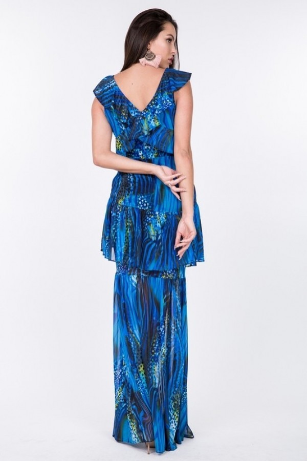Ruffle Sleeve Tiered Maxi Dress – Blue Multi Print