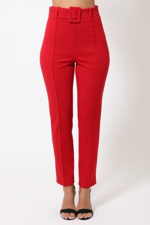 Ankle-Tapered Pants with Self-Fabric Buckle – Red