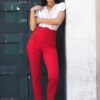 Ankle-Tapered Pants with Self-Fabric Buckle – Red