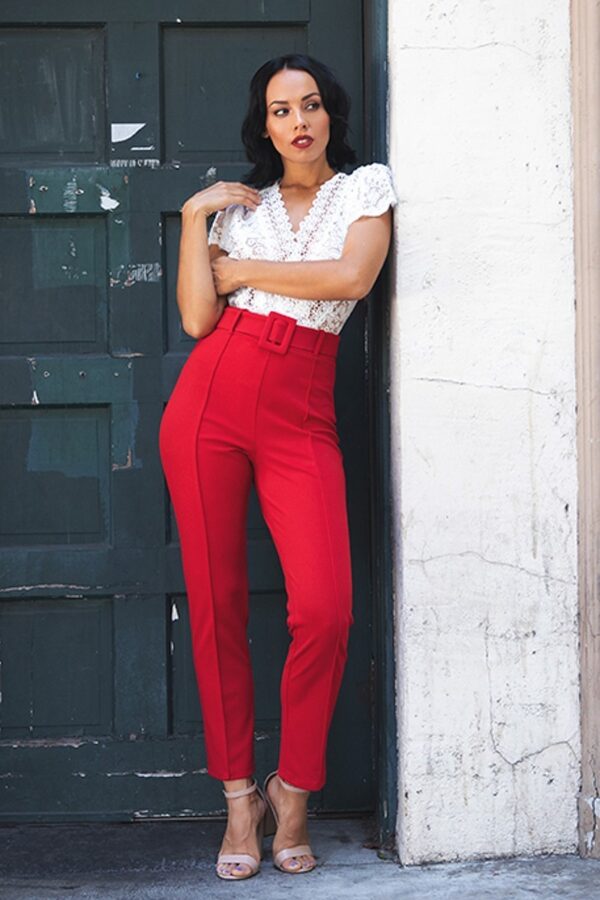 Ankle-Tapered Pants with Self-Fabric Buckle – Red