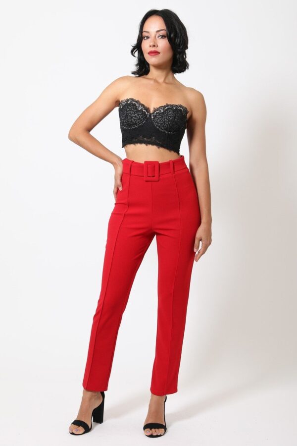 Ankle-Tapered Pants with Self-Fabric Buckle – Red