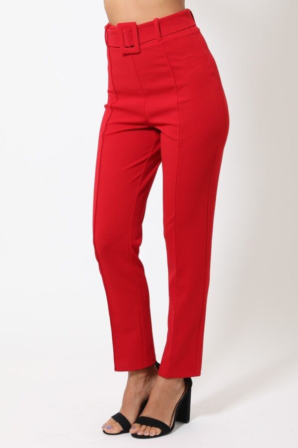 Ankle-Tapered Pants with Self-Fabric Buckle – Red