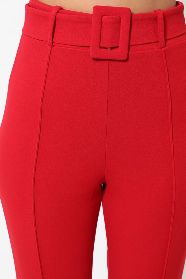 Ankle-Tapered Pants with Self-Fabric Buckle – Red