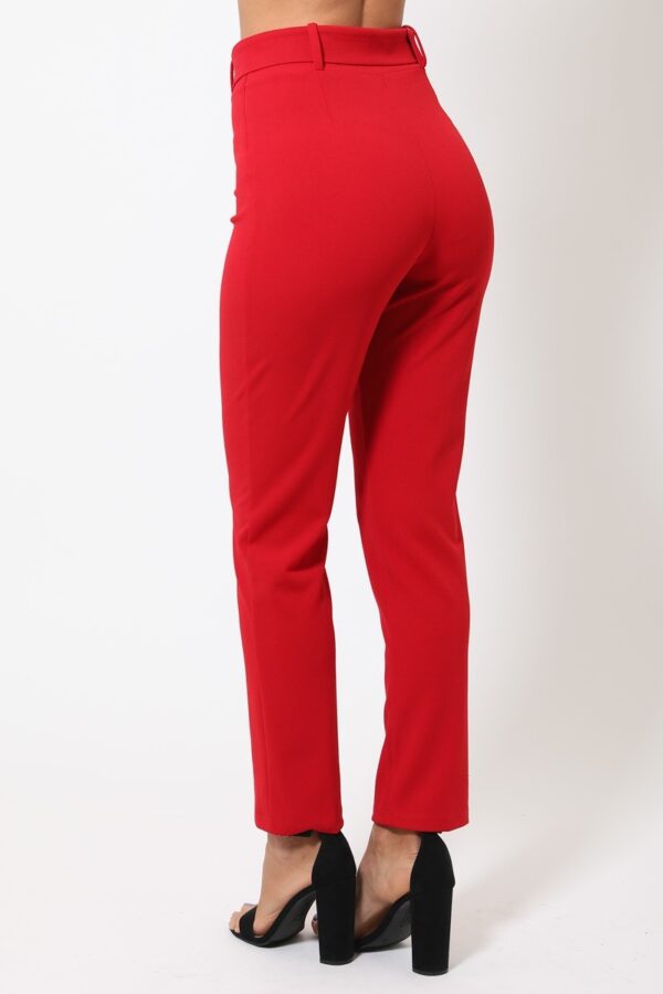 Ankle-Tapered Pants with Self-Fabric Buckle – Red