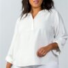 Plus Size Oatmeal Stand-Up Collar Roll-Tab Sleeve Blouse