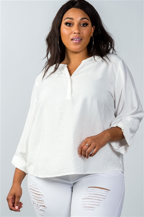 Plus Size Oatmeal Stand-Up Collar Roll-Tab Sleeve Blouse