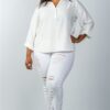 Plus Size Oatmeal Stand-Up Collar Roll-Tab Sleeve Blouse