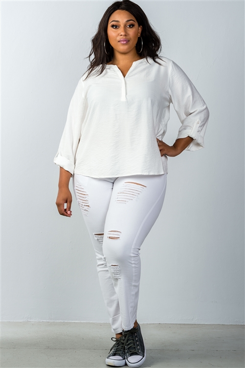 Plus Size Oatmeal Stand-Up Collar Roll-Tab Sleeve Blouse