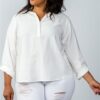 Plus Size Oatmeal Stand-Up Collar Roll-Tab Sleeve Blouse