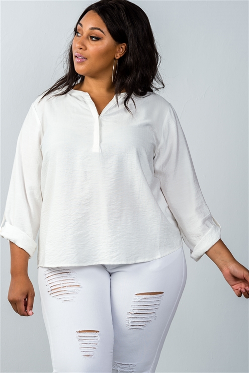 Plus Size Oatmeal Stand-Up Collar Roll-Tab Sleeve Blouse