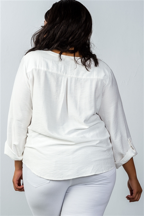 Plus Size Oatmeal Stand-Up Collar Roll-Tab Sleeve Blouse