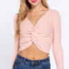 V-Neck Front-Knot Crop Sweater – Light Pink