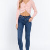 V-Neck Front-Knot Crop Sweater – Light Pink