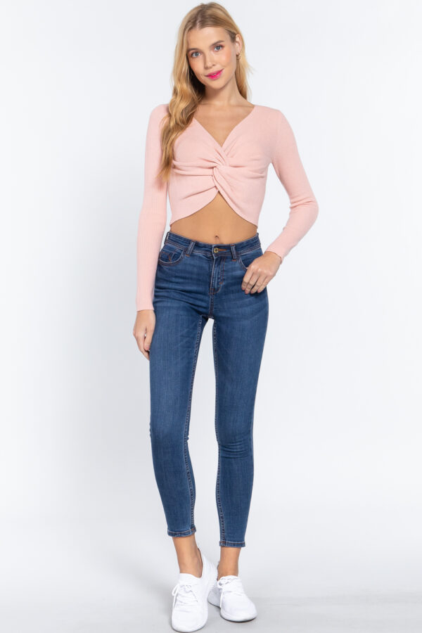 V-Neck Front-Knot Crop Sweater – Light Pink