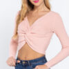 V-Neck Front-Knot Crop Sweater – Light Pink