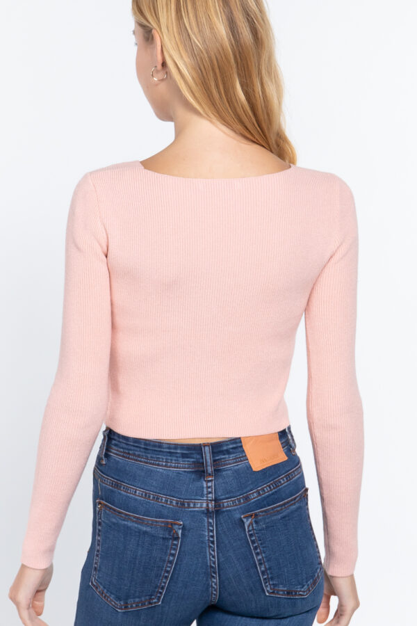 V-Neck Front-Knot Crop Sweater – Light Pink