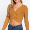 Front-Knot V-Neck Cropped Sweater – Ochre