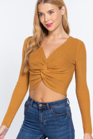 Front-Knot V-Neck Cropped Sweater – Ochre