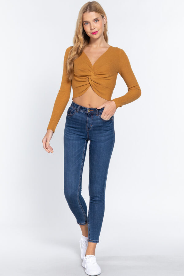 Front-Knot V-Neck Cropped Sweater – Ochre