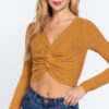 Front-Knot V-Neck Cropped Sweater – Ochre