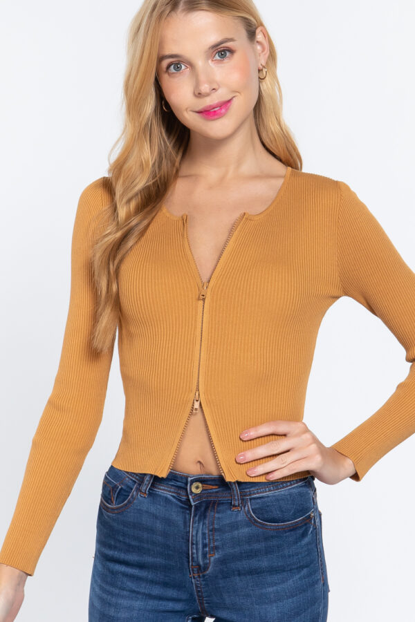 Ribbed Sweater Top with Front Zipper – Ochre