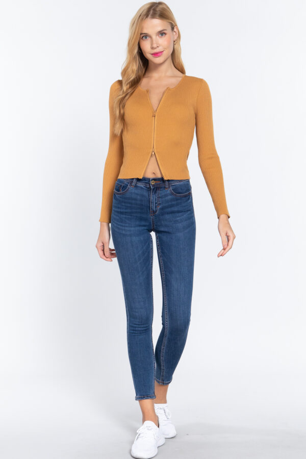 Ribbed Sweater Top with Front Zipper – Ochre