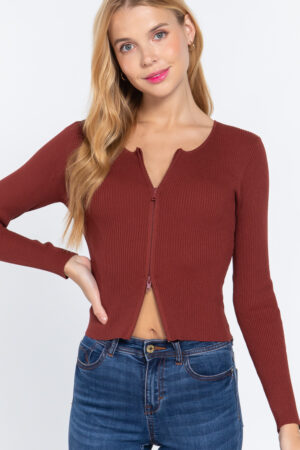 Rib Sweater Top with Front Zipper – Terracotta