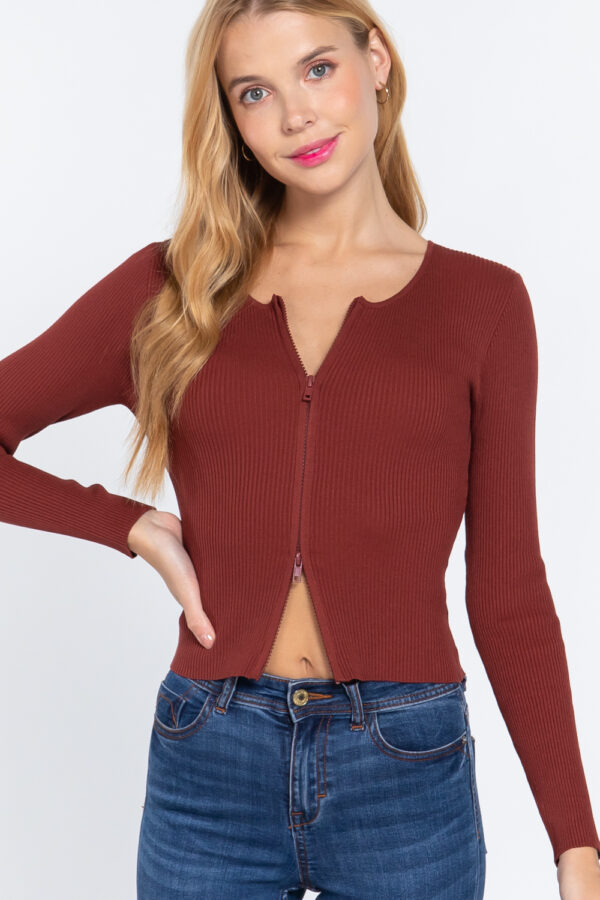 Rib Sweater Top with Front Zipper – Terracotta