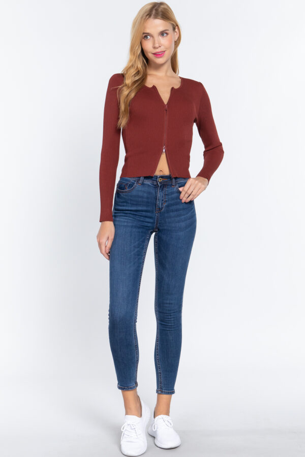 Rib Sweater Top with Front Zipper – Terracotta