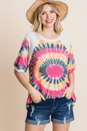 French Terry Tie Dye Tunic Top with Mini Bubble Sleeves – Fuchsia