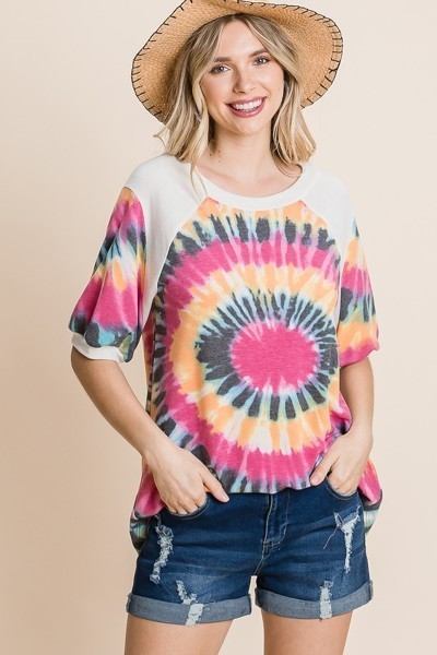French Terry Tie Dye Tunic Top with Mini Bubble Sleeves – Fuchsia