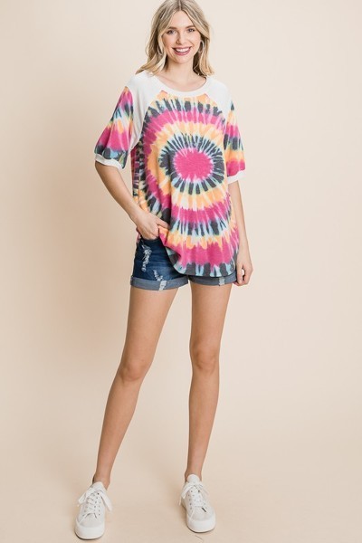 French Terry Tie Dye Tunic Top with Mini Bubble Sleeves – Fuchsia