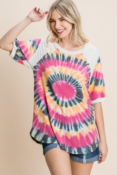 French Terry Tie Dye Tunic Top with Mini Bubble Sleeves – Fuchsia