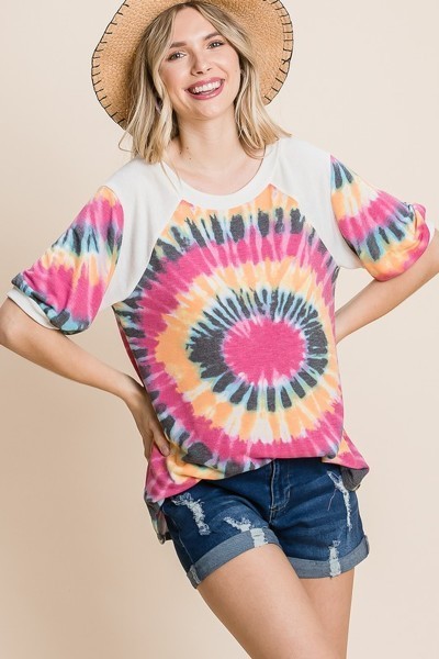 French Terry Tie Dye Tunic Top with Mini Bubble Sleeves – Fuchsia