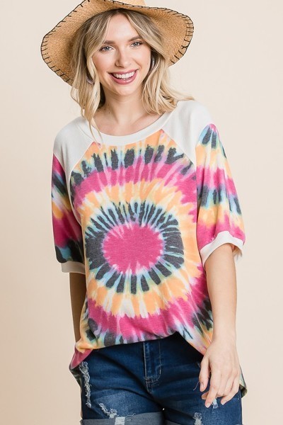 French Terry Tie Dye Tunic Top with Mini Bubble Sleeves – Fuchsia