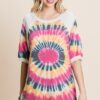 French Terry Tie Dye Tunic Top with Mini Bubble Sleeves – Fuchsia