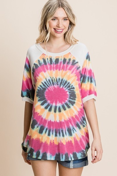 French Terry Tie Dye Tunic Top with Mini Bubble Sleeves – Fuchsia